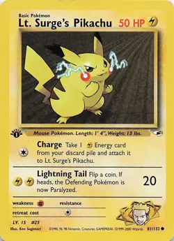 Pokemon Card - Lt. Surge's Pikachu Gym Heroes 1st Edition 81/132 Common - Image 1