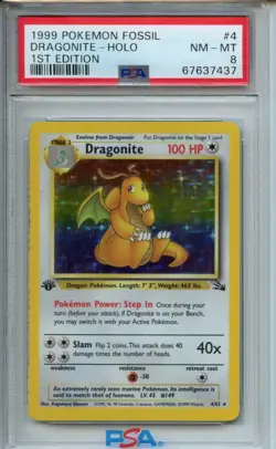 1999 Pokemon Fossil #4 Dragonite Holo 1st Edition PSA 8 - Image 1