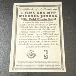 1996 Upper Deck Michael Jordan 22Kt Gold 4-Time NBA MVP Card Limited to 10000 - Image 4