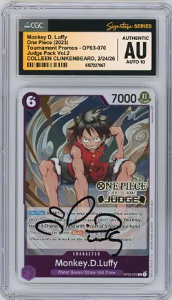 CGC Auth Auto 10 Colleen Clinkenbeard MONKEY D. LUFFY PROMO JUDGE PACK OP03-070 - Image 1
