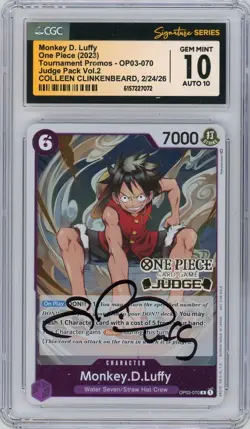 CGC GM 10 Auto 10 Colleen Clinkenbeard MONKEY.D.LUFFY PROMO JUDGE PACK OP03-070 - Image 1