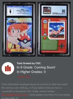 1999 Topps Pokemon Series 1 Misty TV3 Rainbow Foil CGC 9 LOW Pop 1st print - Image 1