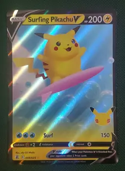 Pokemon TCG Surfing Pikachu v Celebrations Holo Ultra Rare Card 008/025 - Image 1