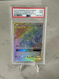 2019 POKEMON SUN & MOON GRENINJA & ZOROARK GX UNBROKEN BONDS-SCRT-FA PSA 9 - Image 1