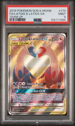 2019 POKEMON SUN & MOON TEAM UP #170 FULL ART/LATIAS & LATIOS GX PSA 9 - Image 1