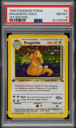 1st Edition Fossil 1999 Pokemon Dragonite Holo Rare #4 PSA 8 - Image 1