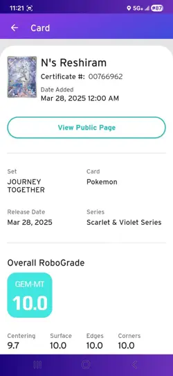 2025 Pokemon Journey Together RESHIRAM #167/159 English AGS 10 Gem Mint - Image 3