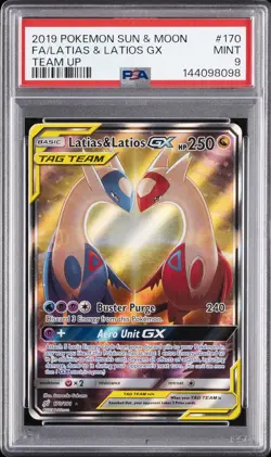 2019 POKEMON SUN & MOON TEAM UP #170 FULL ART/LATIAS & LATIOS GX PSA 9 - Image 1