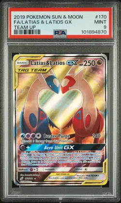 2019 POKEMON SUN & MOON TEAM UP #170 FULL ART/LATIAS & LATIOS GX PSA 9 - Image 1