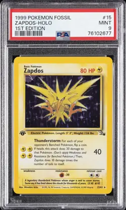 1999 POKEMON FOSSIL 1ST EDITION #15 ZAPDOS-HOLO PSA 9 - Image 1