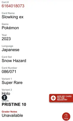 CGC Pristine 10 Slowking ex 086/071 Japanese Pokemon Snow Hazard Super Rare - Image 4
