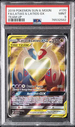 2019 POKEMON SUN & MOON TEAM UP #170 FULL ART/LATIAS & LATIOS GX PSA 9 - Image 1