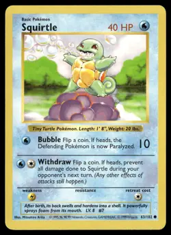 Squirtle 63/102 Common Base Set Shadowless Pokemon NM/M - Image 1