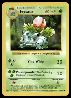 Ivysaur 30/102 Uncommon Base Set Shadowless Pokemon NM/M - Image 1