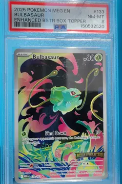 BULBASAUR 2025 POKEMON MEGA EVOULTIONS #133/132 BOX TOPPER STAMP PSA 8 - Image 1