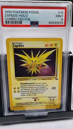 Pokemon TCG Fossil Zapdos Holo Corrected Foil 15/62 English PSA 9 1999 - Image 1