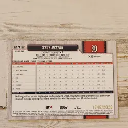Topps 2026 Series 1 Troy Melton RC Detroit Tigers #212 MLB Card - Image 2