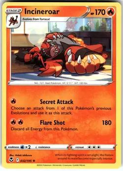 Incineroar Regular 032/195 SWSH12 SWSH12: Silver Tempest Pokemon Card LP - Image 1