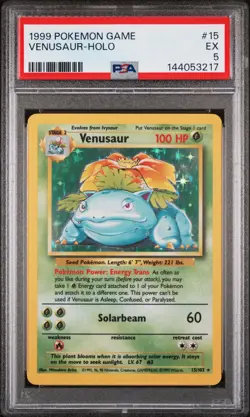 1999 Pokemon TCG Base Set Unlimited Venusaur Holo Rare 15/102 Vintage WOTC PSA 5 - Image 1