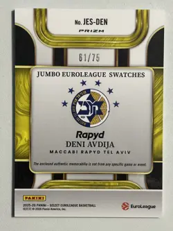 🐙ZG 2025-26 PANINI SELECT EUROLEAGUE RED GOLD PATCH DENI AVDIJA /75 - Image 2