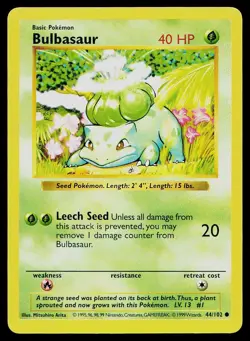 Pokemon Card Base Set Shadowless Bulbasaur 44/102 Unlimited Common - Image 1