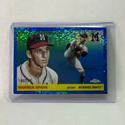 2025 Topps Chrome Platinum Anniversary Warren Spahn #438 Blue Mini-Diamond /199 - Image 1