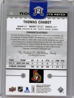 2016-17 Upper Deck Premier Thomas Chabot Rookie Auto Patch /299 - Image 2