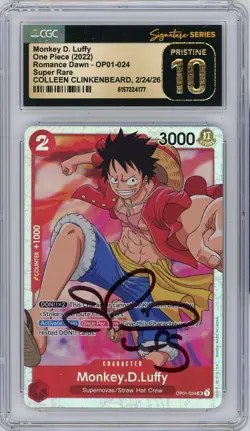CGC Pristine 10 Colleen Clinkenbeard Signed Monkey.D.Luffy OP01-024 SR Foil - Image 1