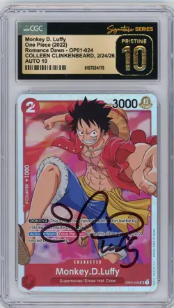 CGC Pristine 10 Auto 10 Colleen Clinkenbeard Signed Monkey.D.Luffy OP01-024 SR - Image 1