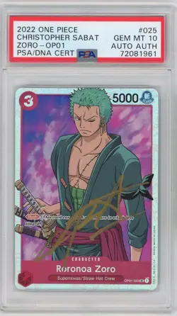 PSA Gem Mint 10 Autographed Chris Sabat Roronoa Zoro OP01-025 Romance Dawn - Image 1