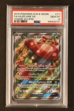 2019 POKEMON SUN & MOON COSMIC ECLIPSE #211 FULL ART/VILEPLUME GX PSA 10 - Image 1