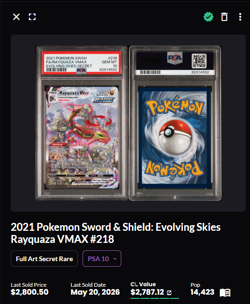 2021 Pokemon SWSH Evolving Skies Secret #218 FA Rayquaza VMAX PSA 10 - Image 2