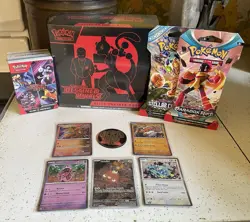 Pokemon Lot Destined Rivals ETB/Booster Bundle 5 Loose Cards 1 Coin 2sleeved Pks - Image 1