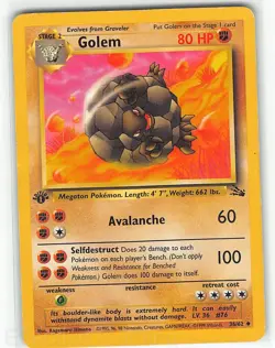Golem 36/62 Uncommon Fossil Pokemon 1st Edition MP Himeno - Image 1