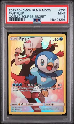 2019 POKEMON SUN & MOON COSMIC ECLIPSE SECRET #239 FULL ART/PIPLUP PSA 9 - Image 1
