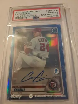 2020 Bowman Draft Chrome Cade Cavalli 1st Ed. Blue Ref Auto /20 Psa 10 - Image 2