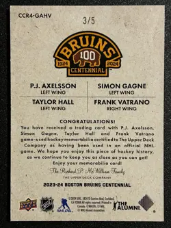 2023-24 UD Boston Bruins Centennial Quad Cloth Relics CCR4-GAHV Short Print 3/5! - Image 2