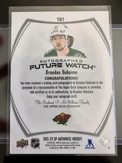 2021-22 Upper Deck Sp Authentic Brandon Duhaime Future Watch Autograph Inscribed - Image 2