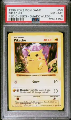 PIKACHU RED CHEEKS BASE SET SHADOWLESS PSA 8 1999 POKEMON #58 RARE NM-MT 1194 - Image 1
