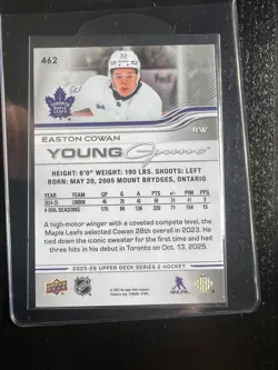 2025-26 Upper Deck Easton Cowan Young Guns Rookie RC #462 Maple Leafs - Image 2
