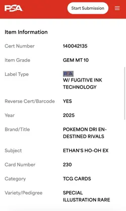 Pokemon TCG Ethan's Ho-Oh EX 230/182 Destined Rivals PSA 10 Gem Mint w/Guards - Image 4