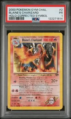 2000 POKEMON GYM CHALLENGE HOLO-CORRECTED SYMBOL #2 BLAINE'S CHARIZARD PSA 1 - Image 1