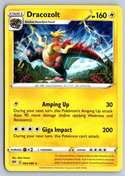 Dracozolt 065/189 Rare Darkness Ablaze Pokemon Card Near Mint - Image 1