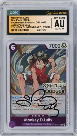 CGC Auth Auto 10 Colleen Clinkenbeard MONKEY D. LUFFY PROMO JUDGE PACK OP03-070 - Image 1