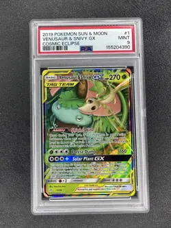 2019 Pokemon SM Cosmic Eclipse Venusaur Snivy Tag Team GX Holo #1/236 PSA 9 - Image 1