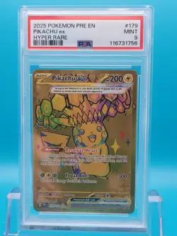 2025 Pokemon Prismatic Evolutions Hyper Rare Gold #179 PIKACHU ex: PSA 9 - Image 1