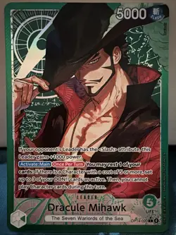 2026 One Piece Dracule Mihawk OP14-020 Foil Parallel Leader Azure Sea's Seven EN - Image 1
