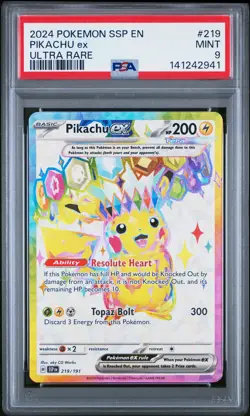 2024 POKEMON SSP EN-SURGING SPARKS ULTRA RARE #219 PIKACHU EX PSA 9 - Image 1