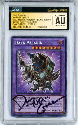 CGC Authentic Auto 10 Signed Dan Green Dar k Yu-Gi-Oh! Paladin BLMM-EN008 1stEd - Image 1
