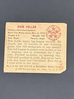 1950 Bowman Bob Feller #6 Lower Grade - Image 2